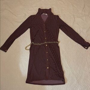 Michael Kors Burgundy Polka Dot Dress with Gold Chain Belt